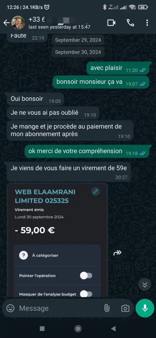 Capture écran avis client WhatsApp Ablaflex