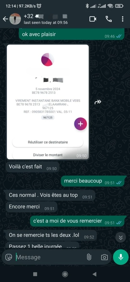 Capture écran avis client WhatsApp Ablaflex