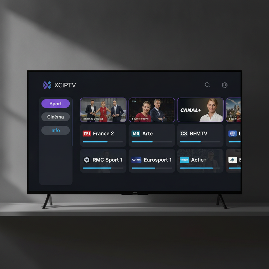 Xciptv player interface principale sur Android TV avec grille de chaînes et guide des programmes