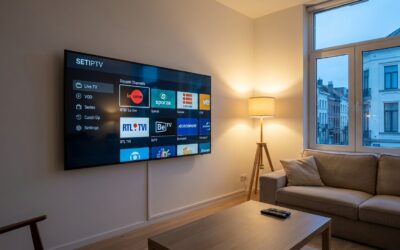 Setiptv player interface affichée sur une Smart TV Samsung avec grille de chaînes en thème sombre