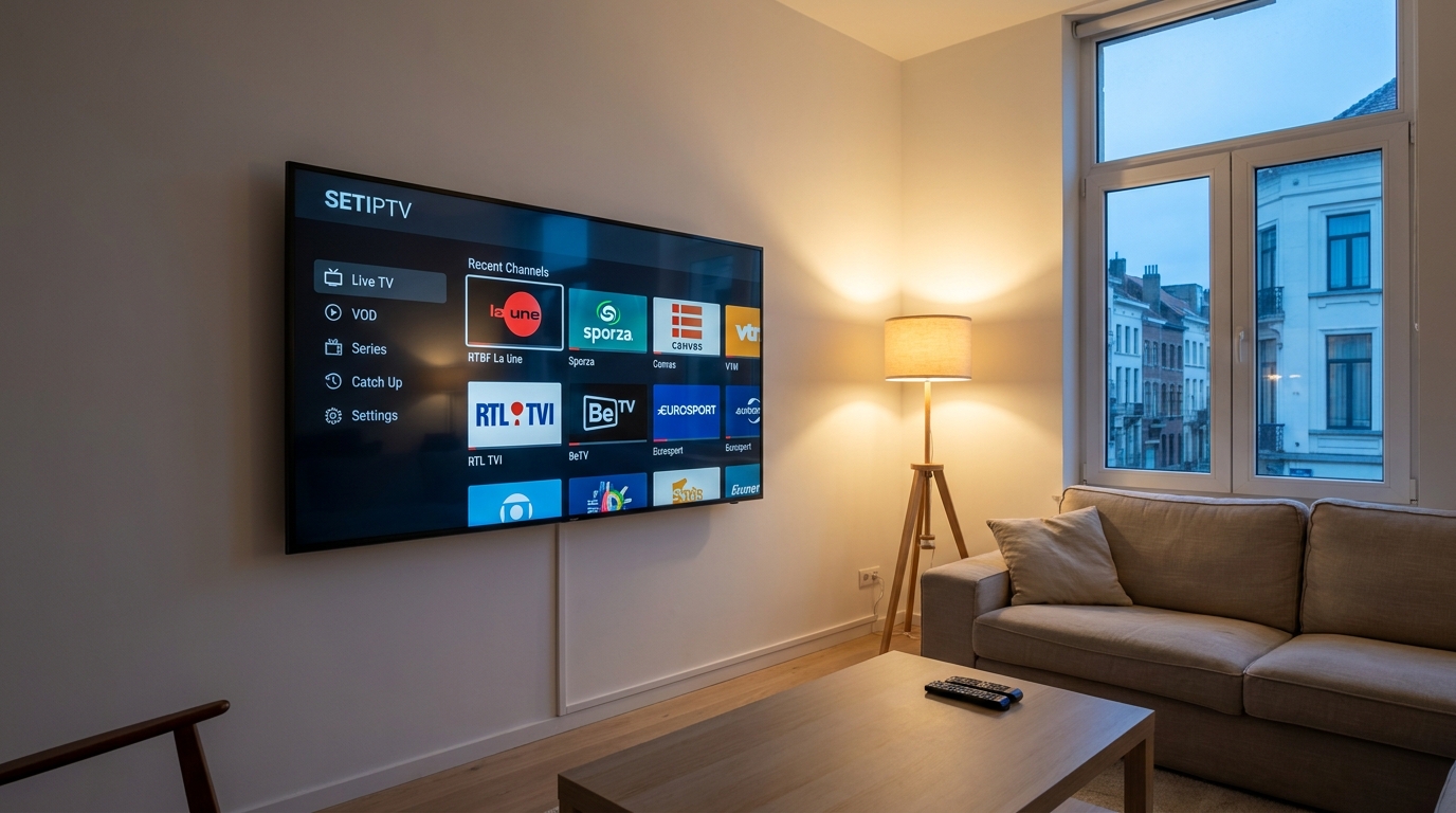 Setiptv player interface affichée sur une Smart TV Samsung avec grille de chaînes en thème sombre