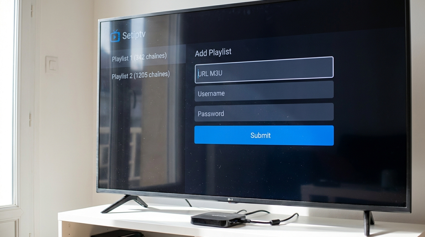 Setiptv player écran de configuration de playlist Xtream Codes avec champs identifiant et mot de passe