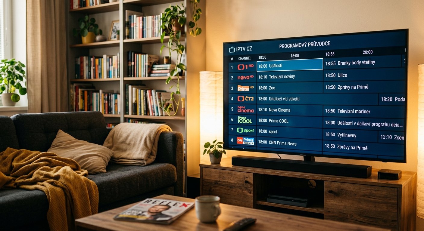 Interface iptv cz affichant la grille EPG des chaînes tchèques sur un téléviseur Samsung