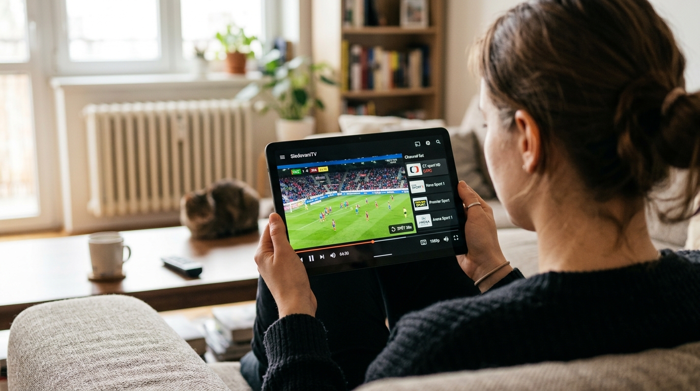 Application iptv cz sur tablette Android avec un match tchèque en streaming et la liste des chaînes visible