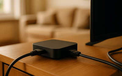 iptv box Android compacte connectée à un téléviseur via HDMI dans un salon belge