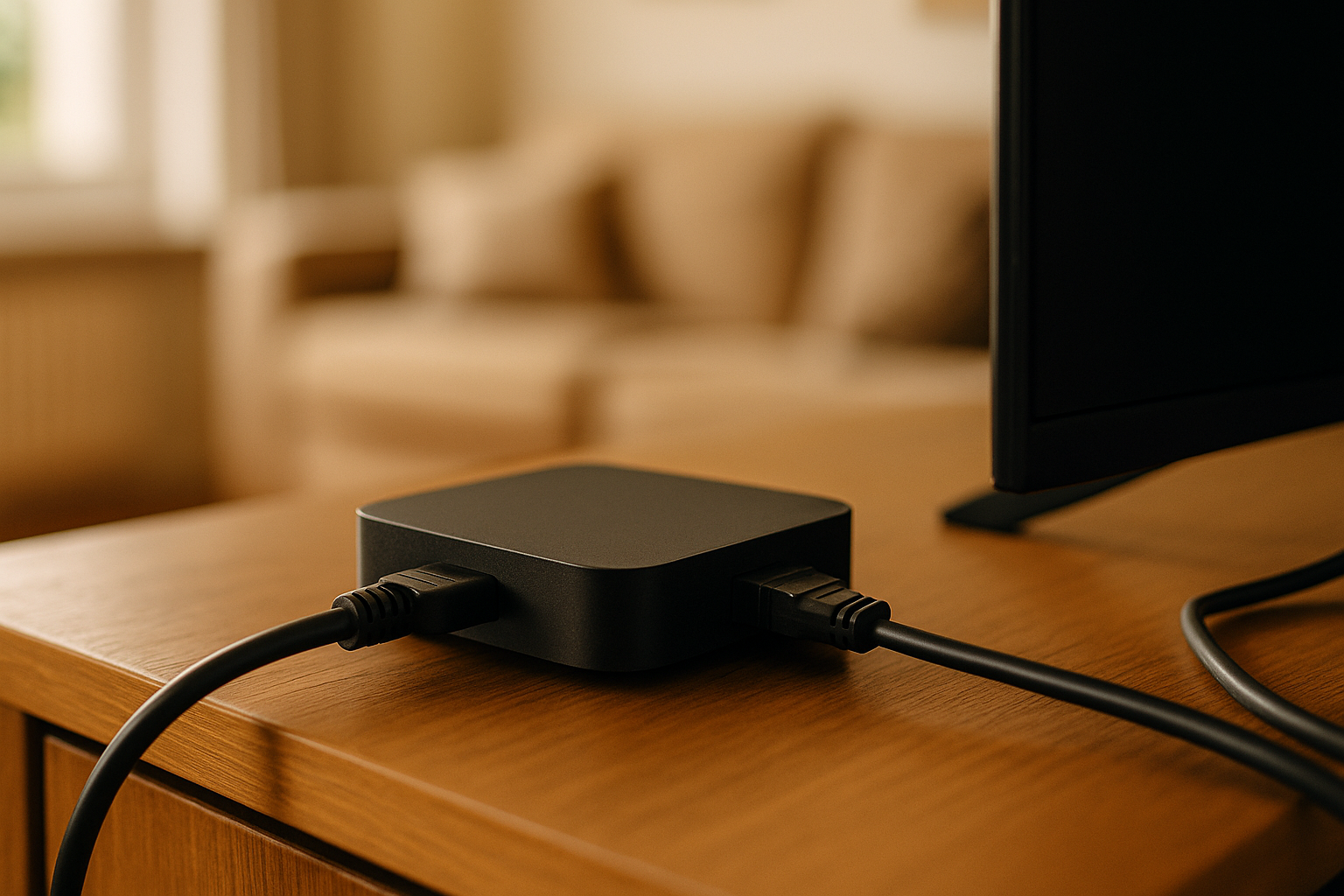 iptv box Android compacte connectée à un téléviseur via HDMI dans un salon belge