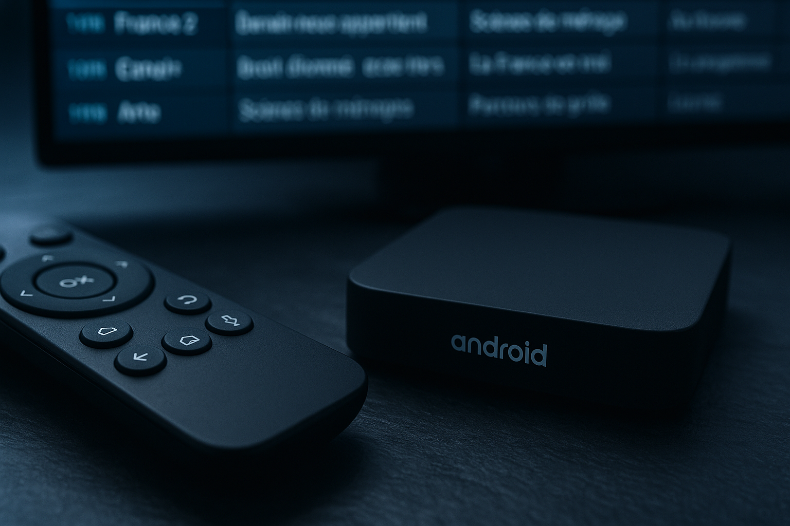 iptv box avec télécommande et grille EPG en français visible sur l'écran de télévision en arrière-plan