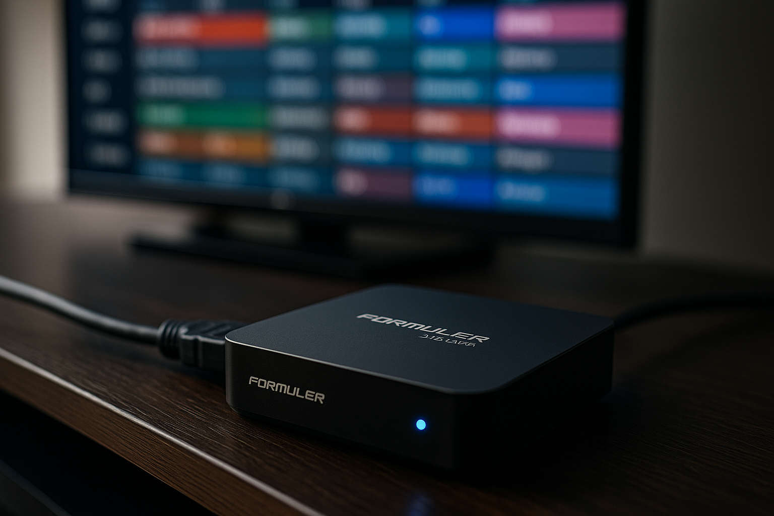 Boitier iptv Formuler Z12 Ultra connecté à un téléviseur 4K affichant un guide EPG en haute définition
