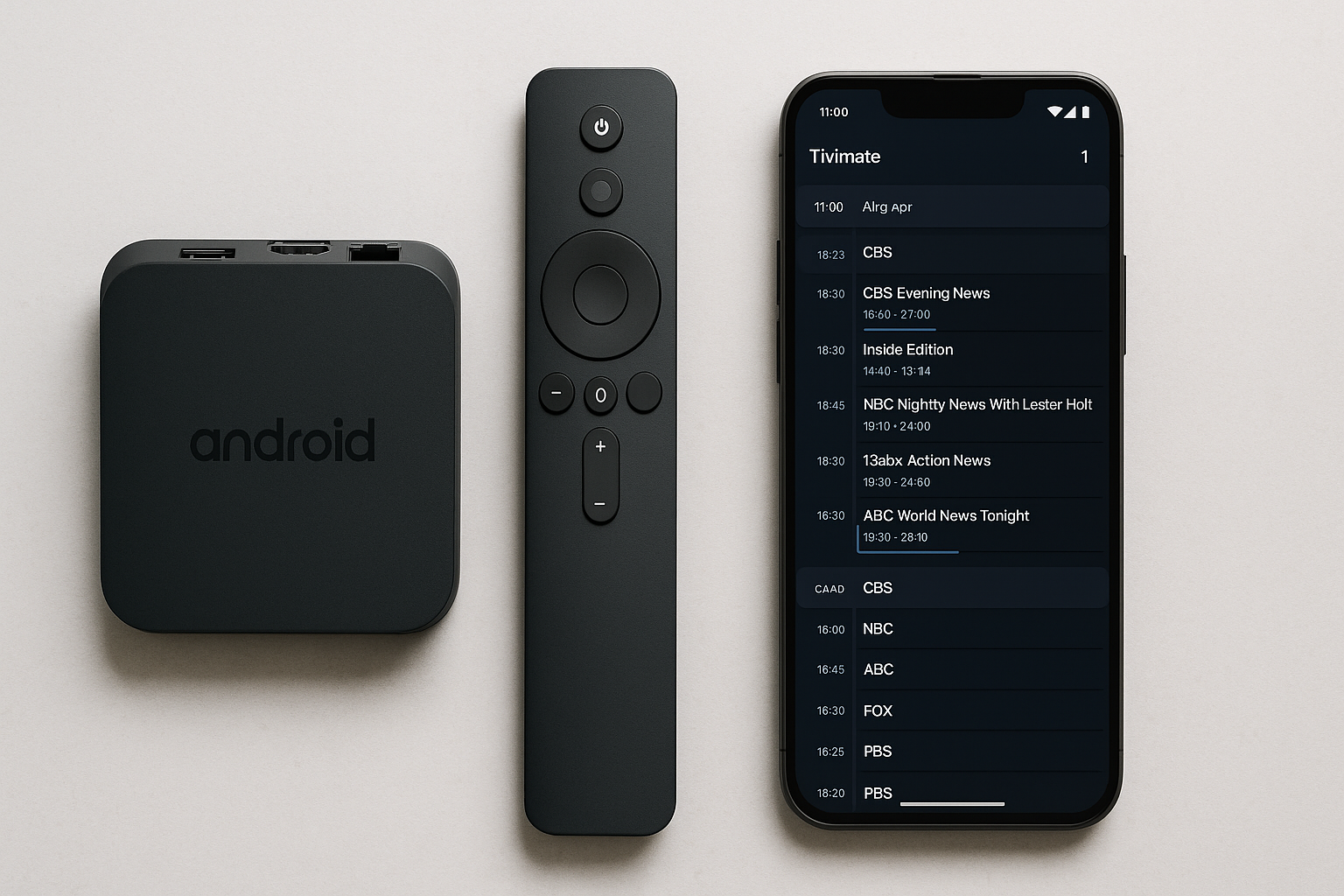 Boitier iptv Android vu de dessus avec télécommande et smartphone affichant une liste de chaînes TiviMate