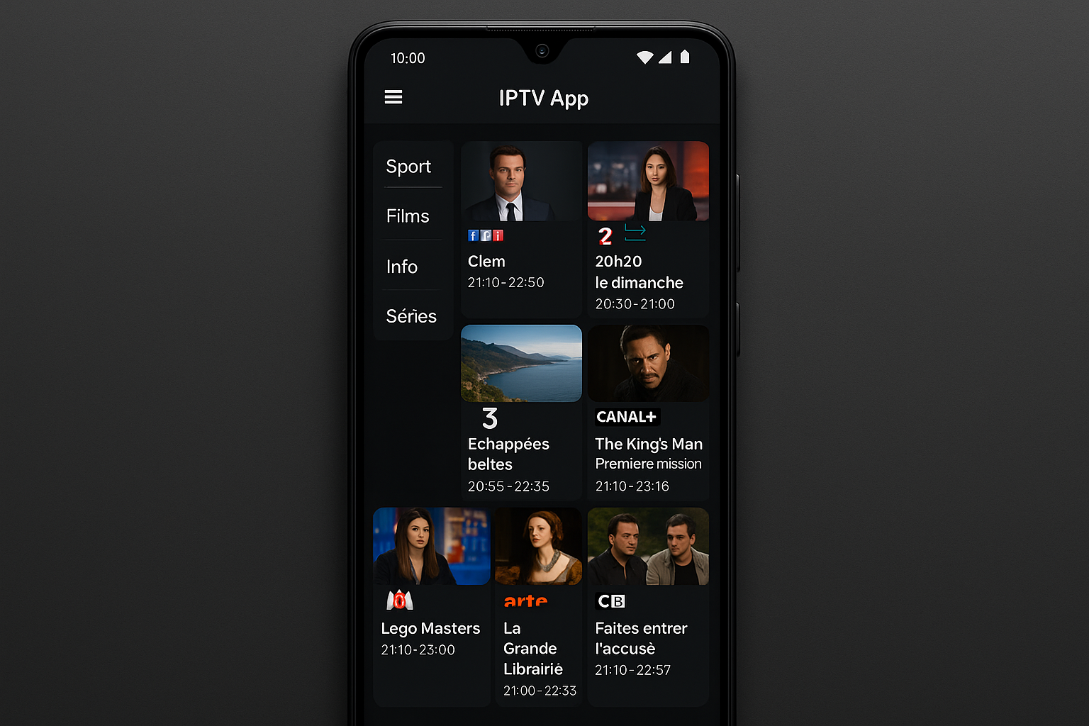 Interface principale d'une iptv app sur Android avec grille de chaînes et guide des programmes EPG
