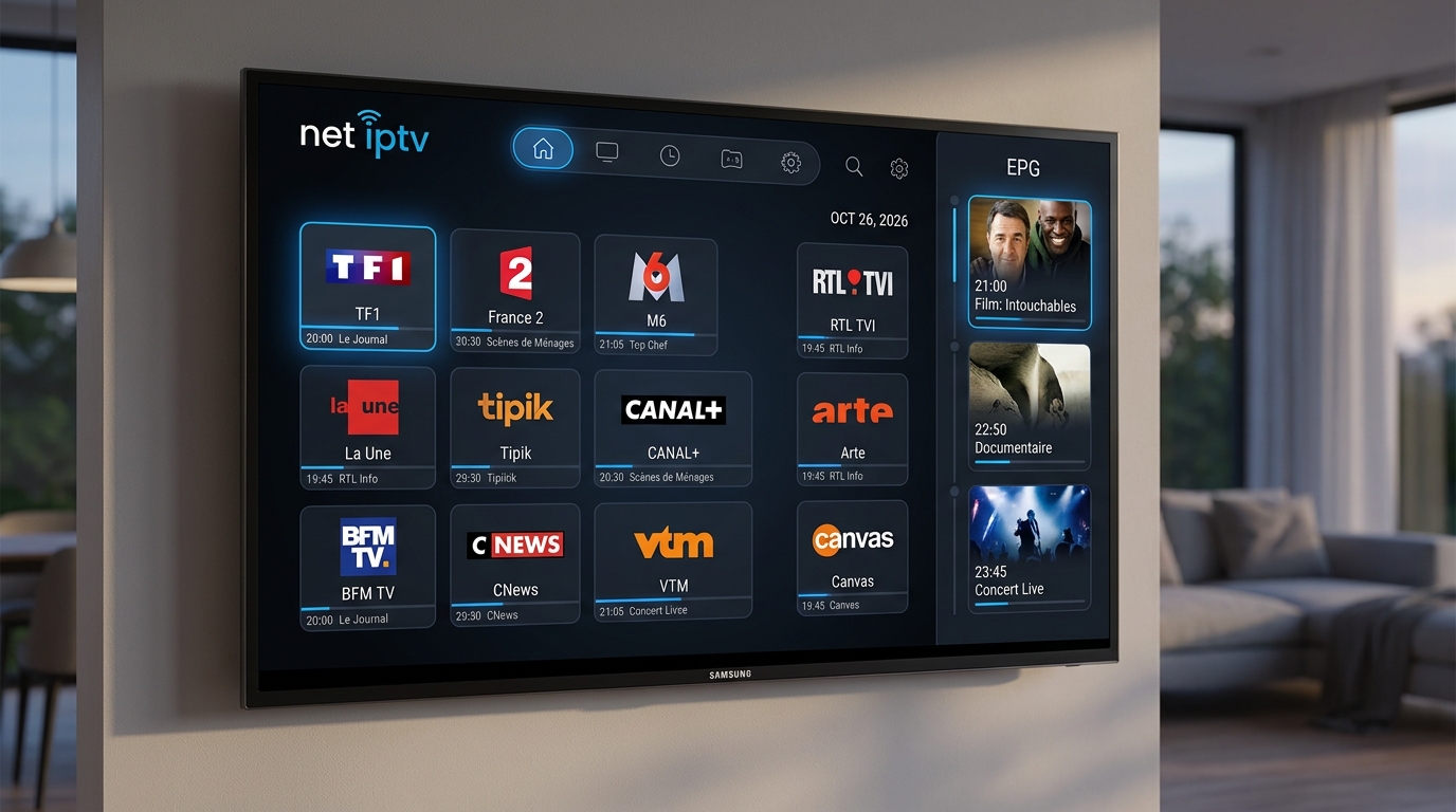 net iptv​ — Interface de net iptv sur Smart TV Samsung affichant la grille de chaînes et le guide des programmes