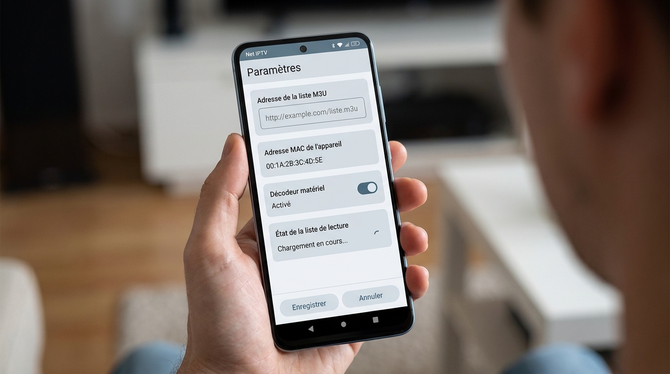 net iptv — Écran de configuration de net iptv sur Android avec champ URL M3U et affichage de l'adresse MAC
