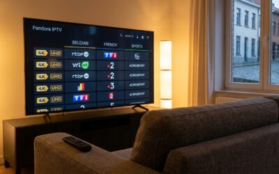 pandora iptv​ — pandora iptv interface grille de chaînes affichée sur Smart TV Samsung avec badges 4K UHD et guide des progra