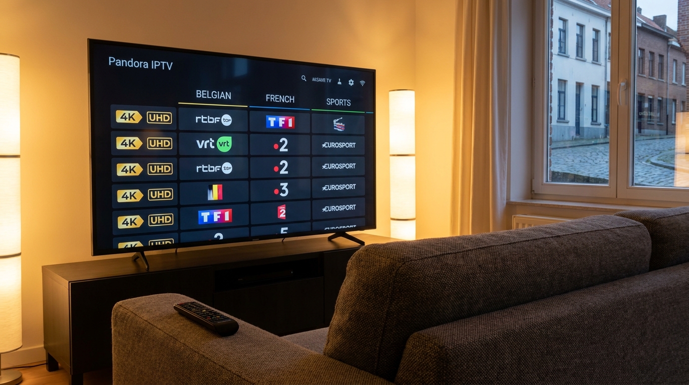 pandora iptv​ — pandora iptv interface grille de chaînes affichée sur Smart TV Samsung avec badges 4K UHD et guide des progra