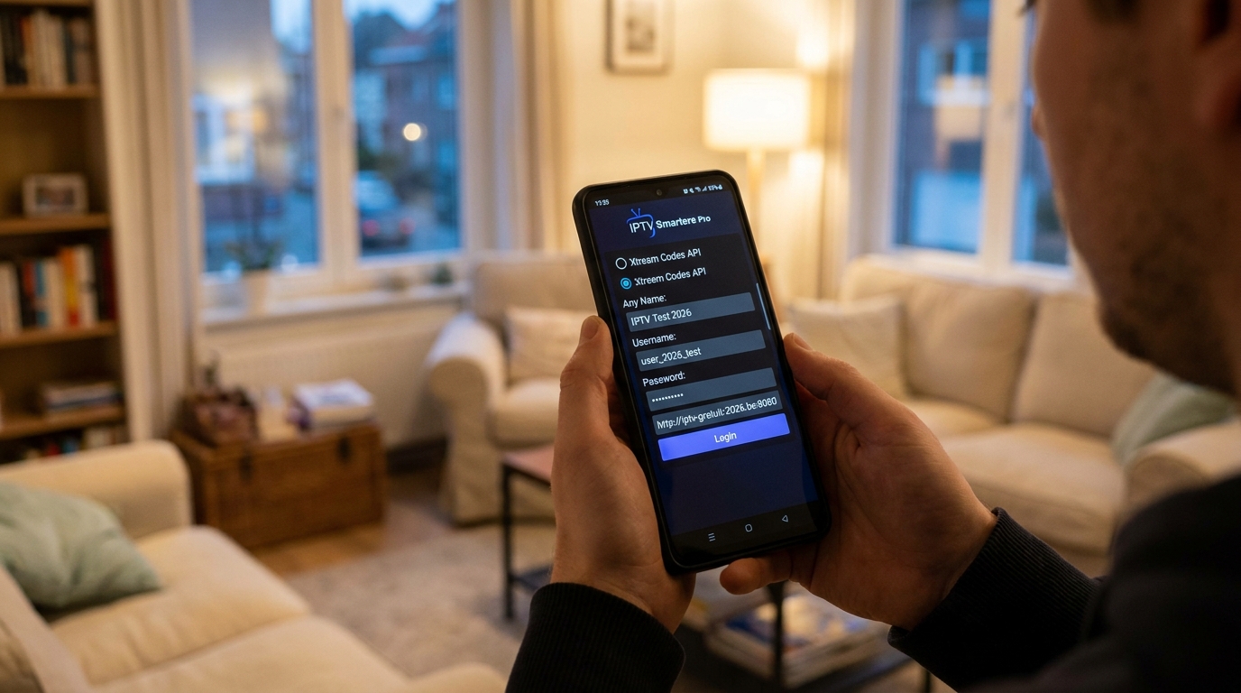 Activation d'un code gratuit iptv 2026 sur IPTV Smarters Pro avec les champs Xtream Codes visibles sur un smartphone Android