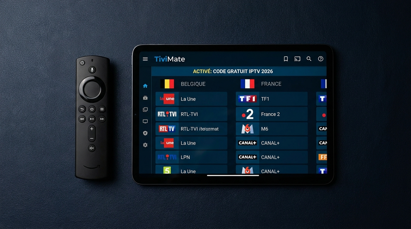 Grille de chaînes TiviMate après saisie d'un code gratuit iptv 2026 sur Fire TV Stick, avec chaînes belges affichées