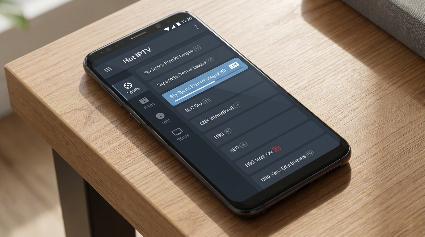 hot iptv​ — Interface principale de hot iptv sur Android affichant la liste des chaînes par groupes avec badges HD et 4K