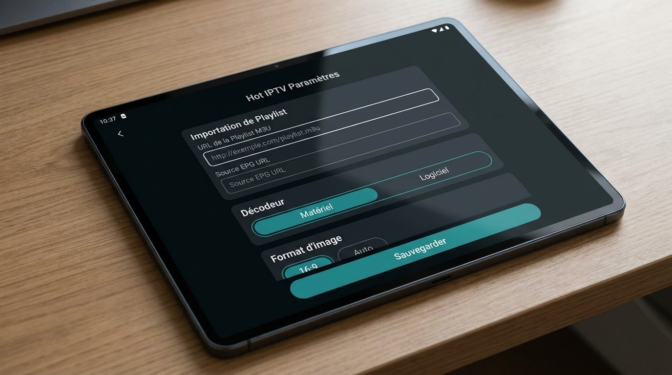 hot iptv​ — Écran de configuration de hot iptv montrant l'import de playlist M3U et les options de décodage vidéo