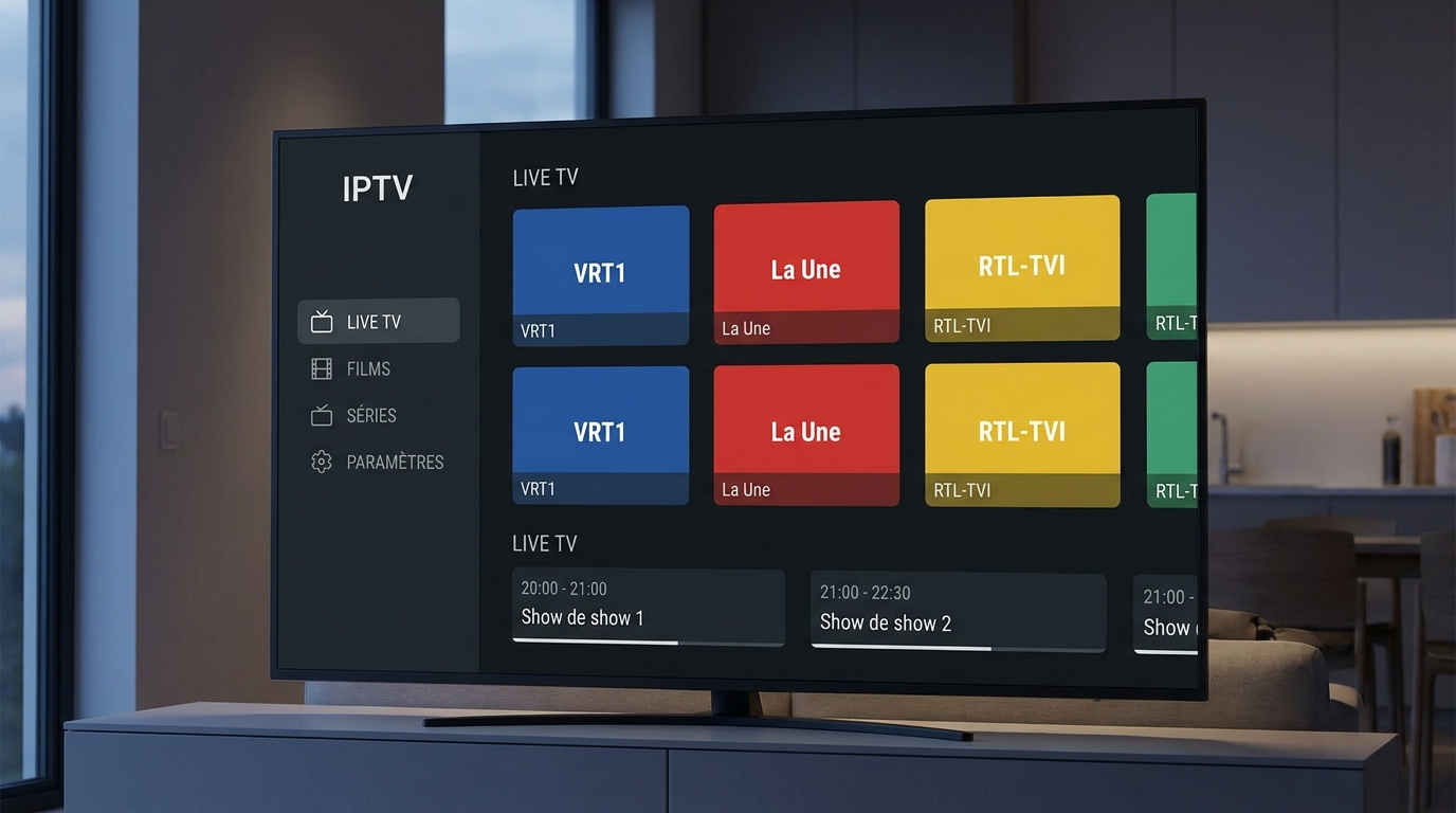 Interface du lecteur iptv belgië affichant la grille des chaînes belges en direct sur écran 4K