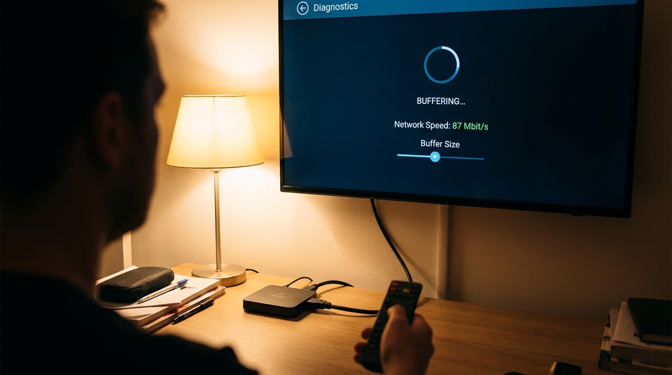 Boîtier Android configuré pour iptv belgië avec écran de diagnostic réseau et paramètres de buffer visibles