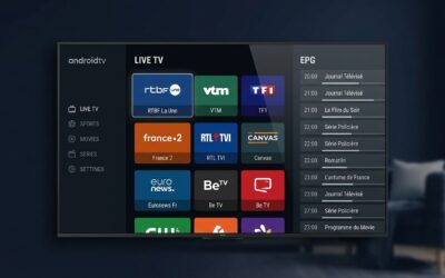 Interface principale iptv dark sur Android TV avec grille de chaînes live et guide EPG en thème sombre