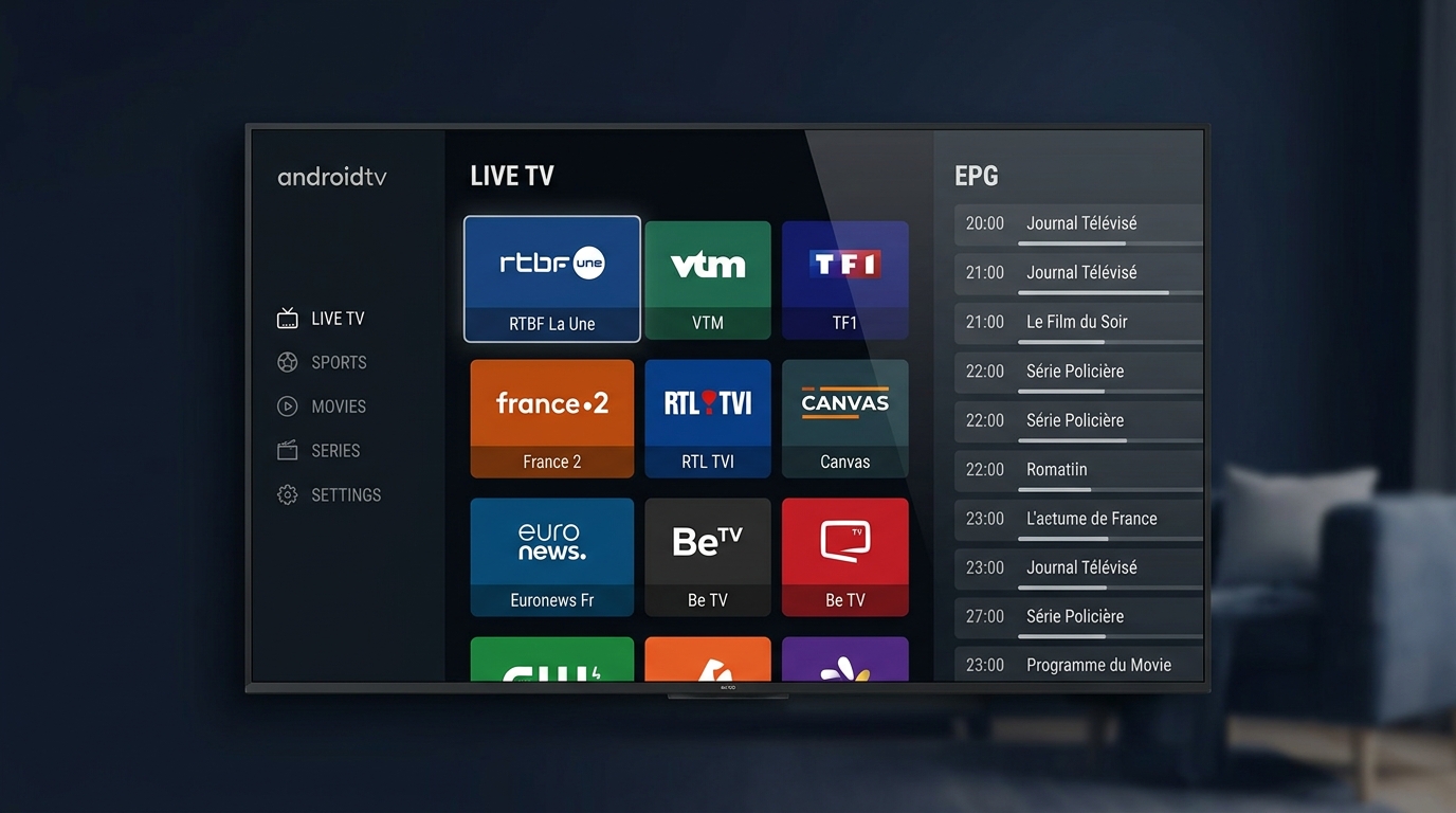 Interface principale iptv dark sur Android TV avec grille de chaînes live et guide EPG en thème sombre