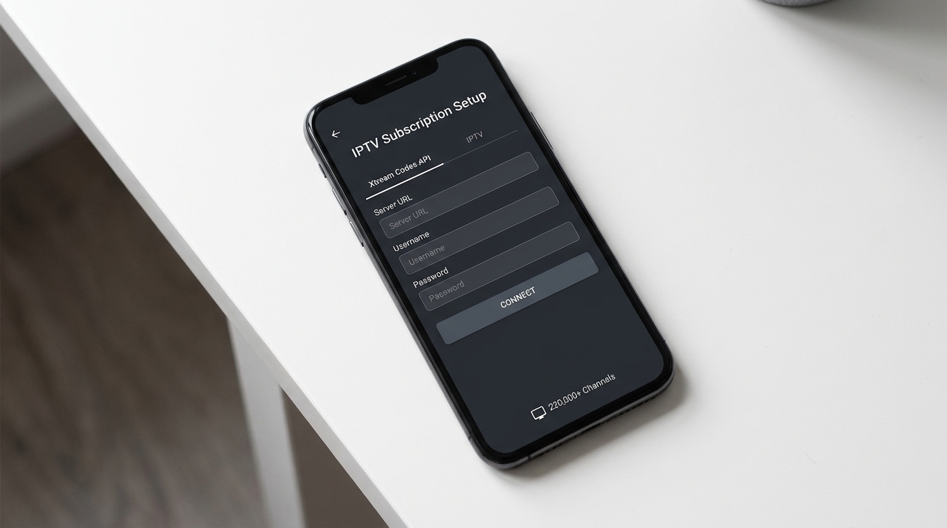 Écran de configuration iptv dark sur smartphone avec champs de connexion Xtream Codes et compteur de chaînes