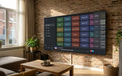Interface principale d'un iptv player sur Smart TV avec grille de chaînes et guide des programmes