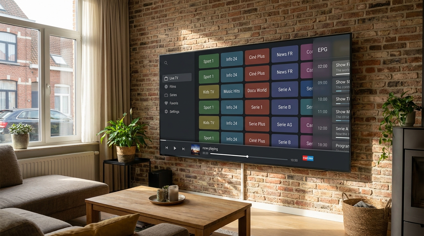 Interface principale d'un iptv player sur Smart TV avec grille de chaînes et guide des programmes