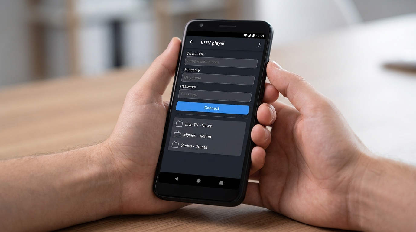 Écran de configuration playlist Xtream Codes d'un iptv player sur smartphone Android