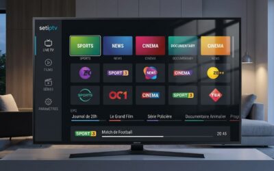setiptv​ — setiptv interface principale sur Smart TV Samsung montrant la grille de chaînes en direct et le guide des programm