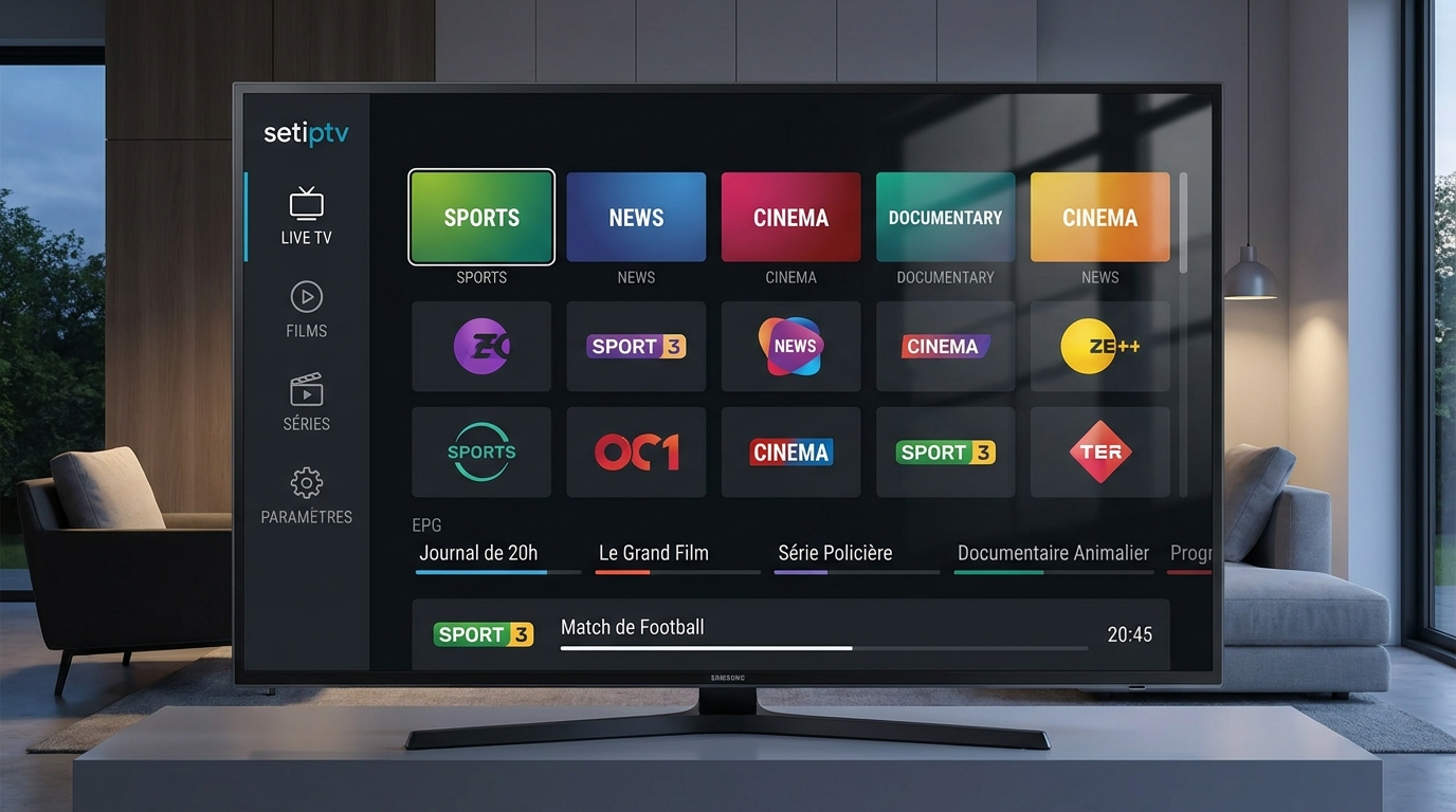 setiptv​ — setiptv interface principale sur Smart TV Samsung montrant la grille de chaînes en direct et le guide des programm