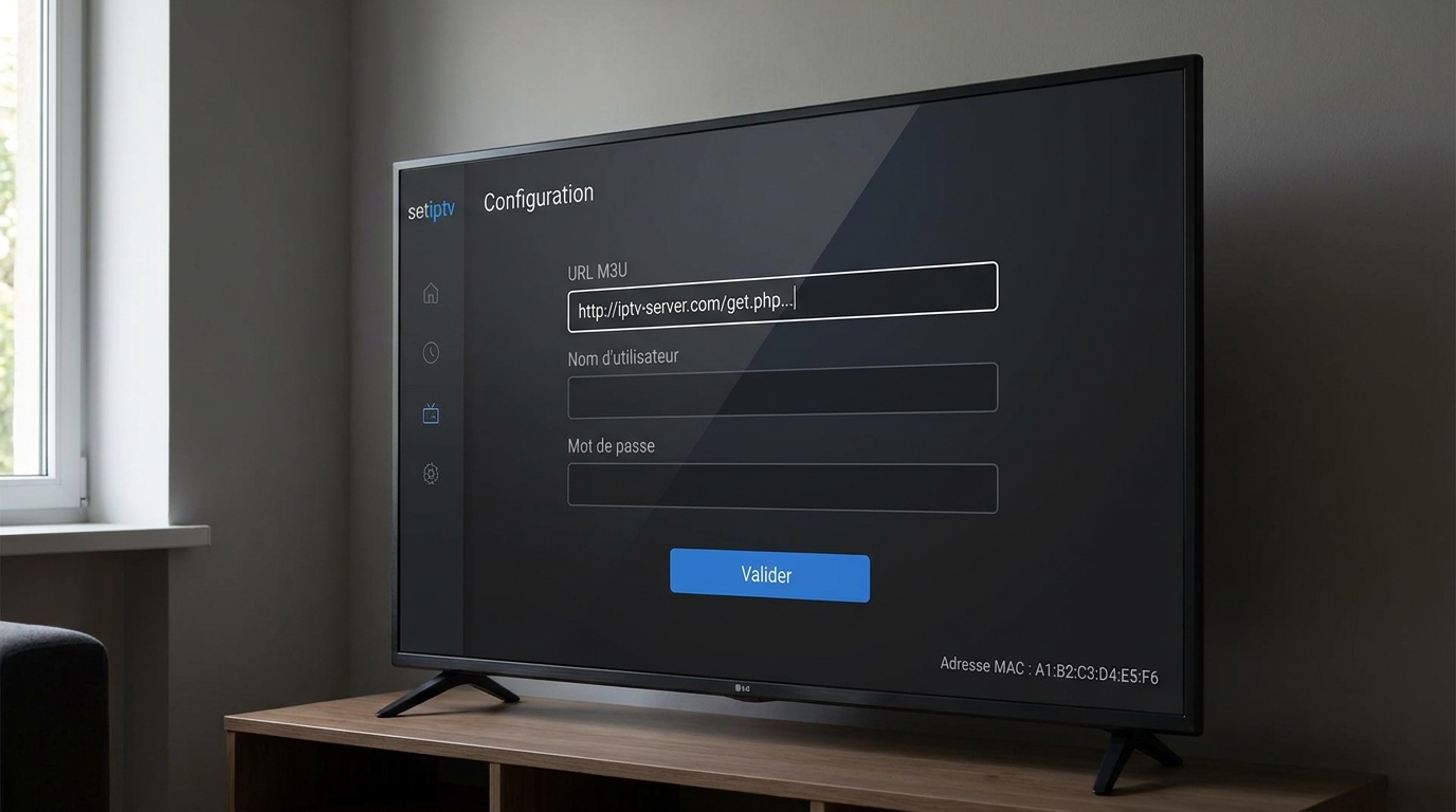 setiptv — setiptv écran de configuration playlist avec champs URL M3U et Xtream Codes sur télévision LG