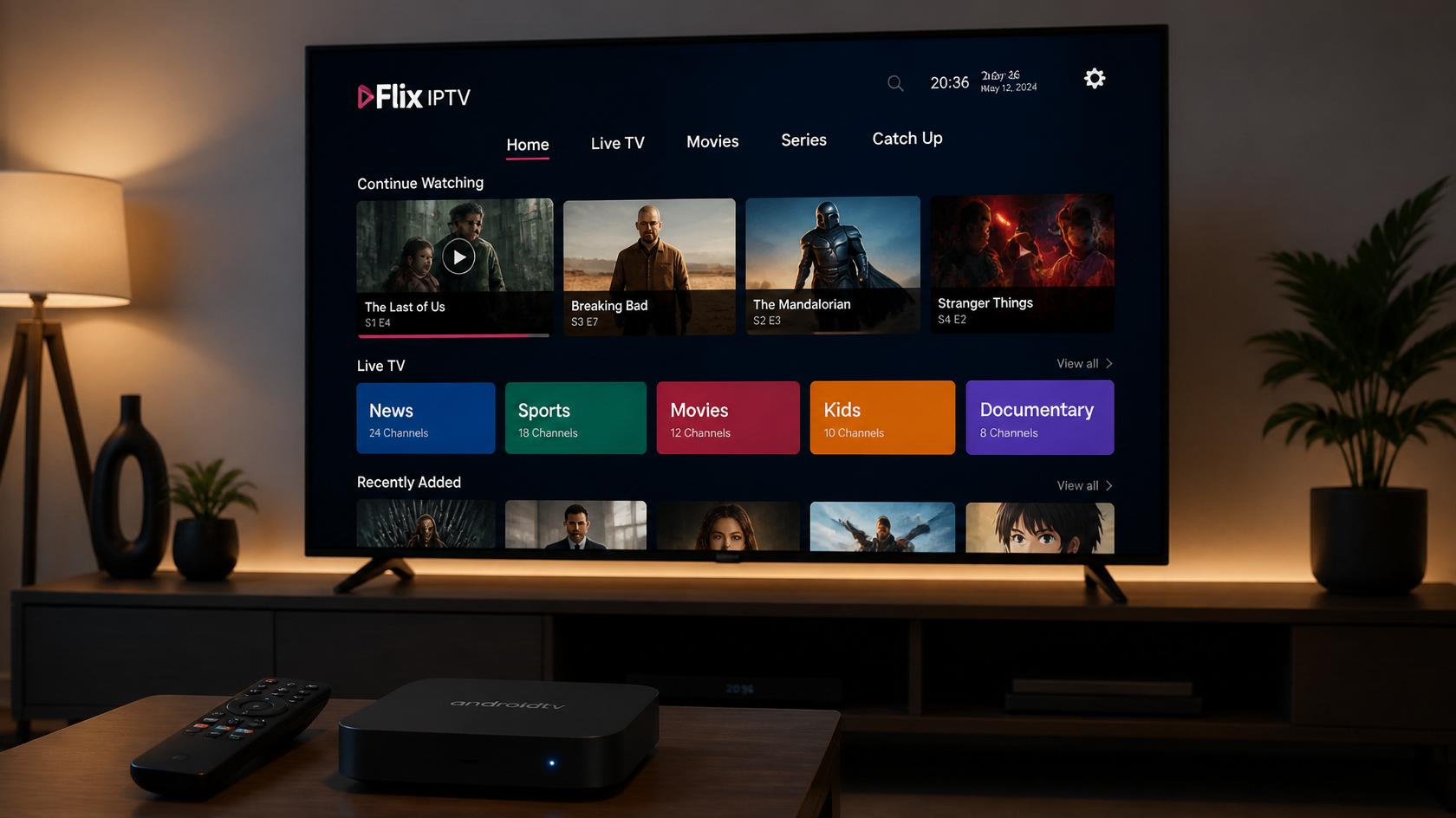 application flix iptv affichée sur écran de télévision connectée à un boitier android