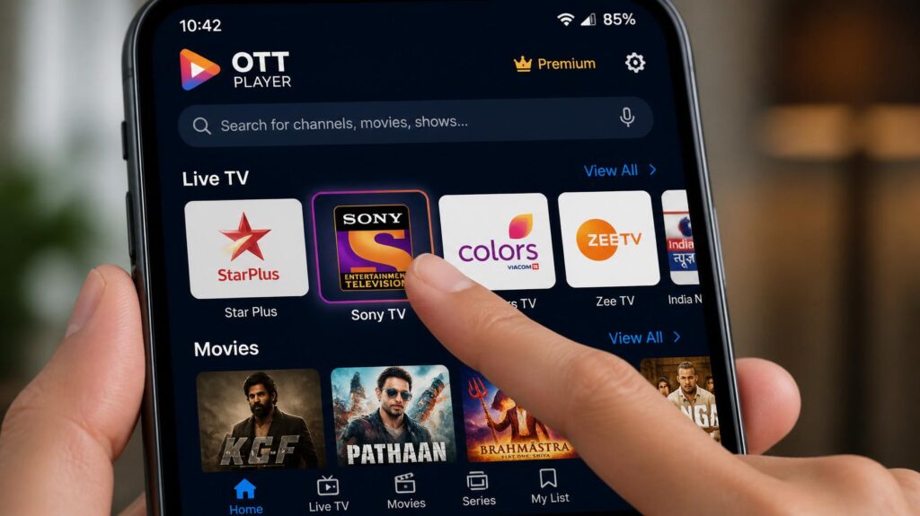 ott player application mobile avec interface organisée par catégories de chaînes