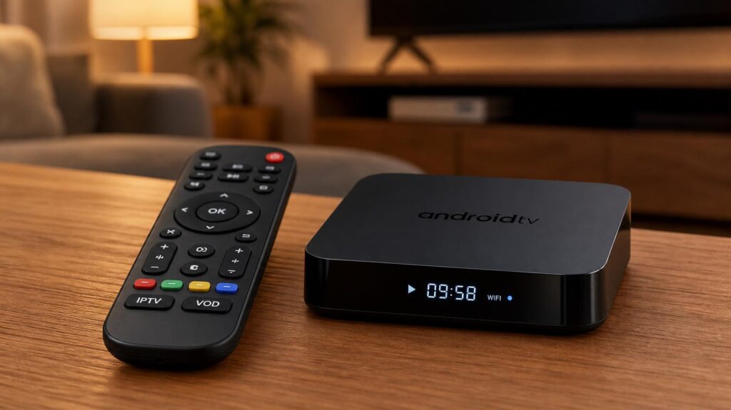 télécommande iptv moderne posée près d'un boitier iptv android sur une table