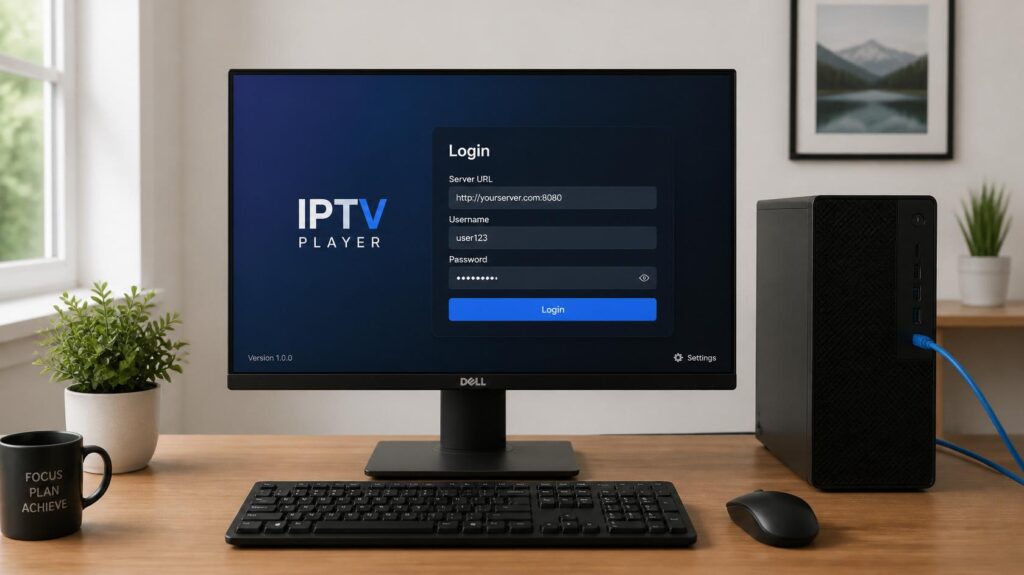 configuration iptv xtream pc avec écran de connexion serveur username password
