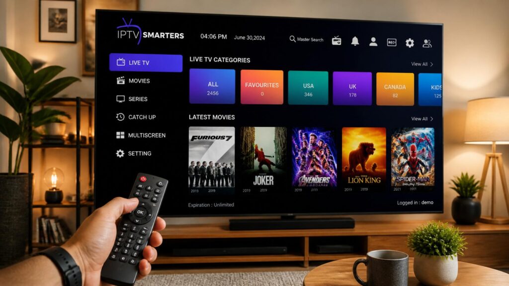 application iptv smarter affichée sur tablette avec interface organisée par catégories