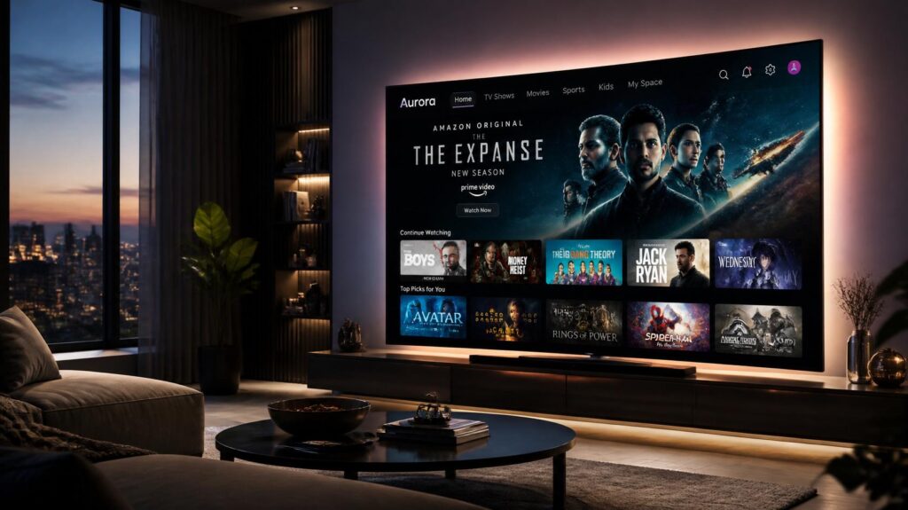 salon moderne avec télévision affichant une interface ott iptv premium en