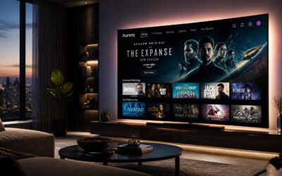 salon moderne avec télévision affichant une interface ott iptv premium en 4k