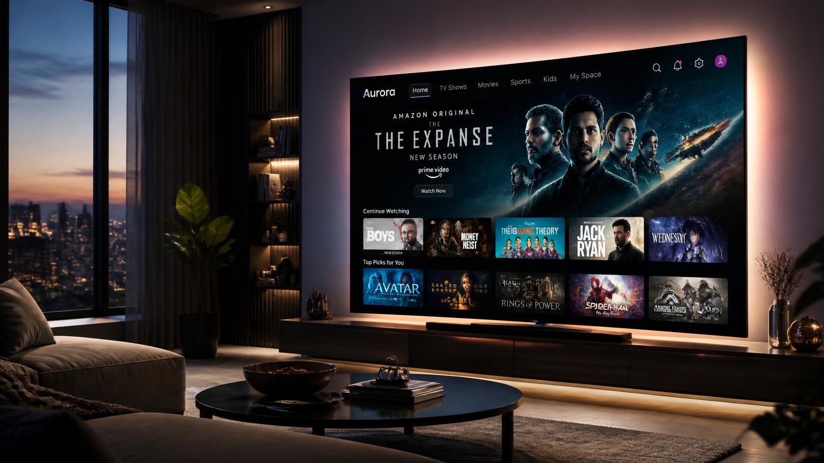 salon moderne avec télévision affichant une interface ott iptv premium en 4k