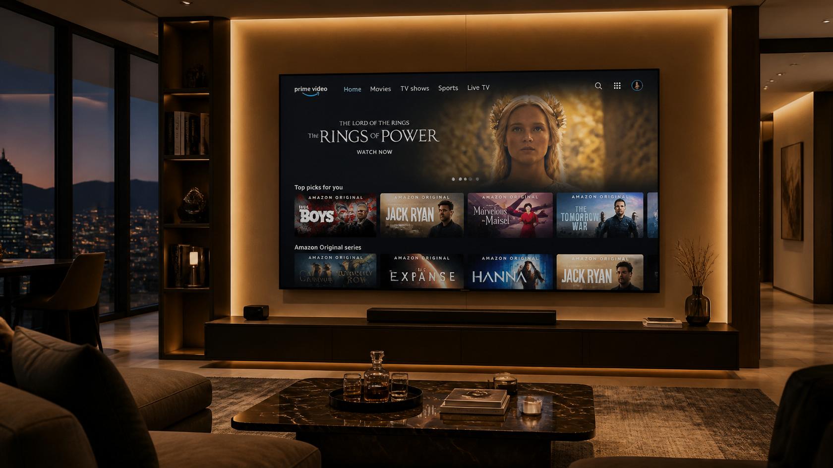 salon premium avec télévision oled affichant un service ott premium en 4k