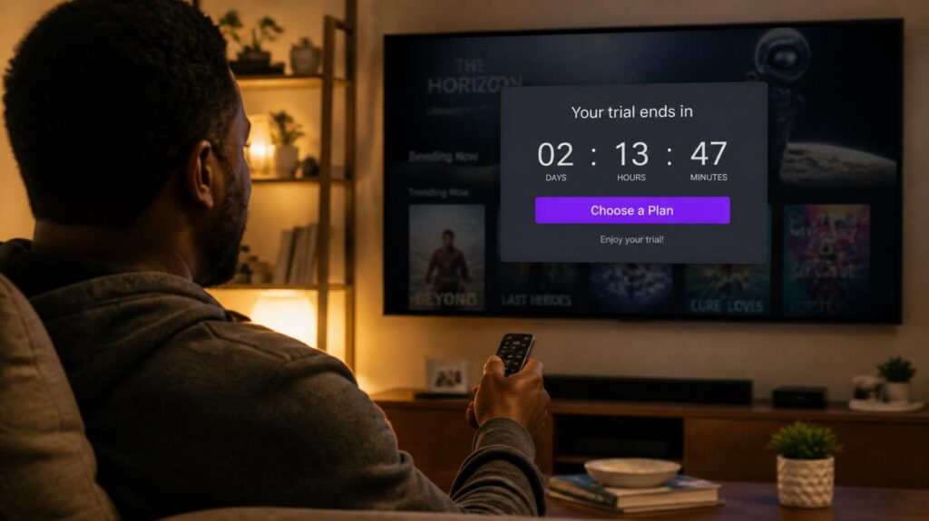 utilisateur testant un service iptv avec période d'essai affichée sur écran