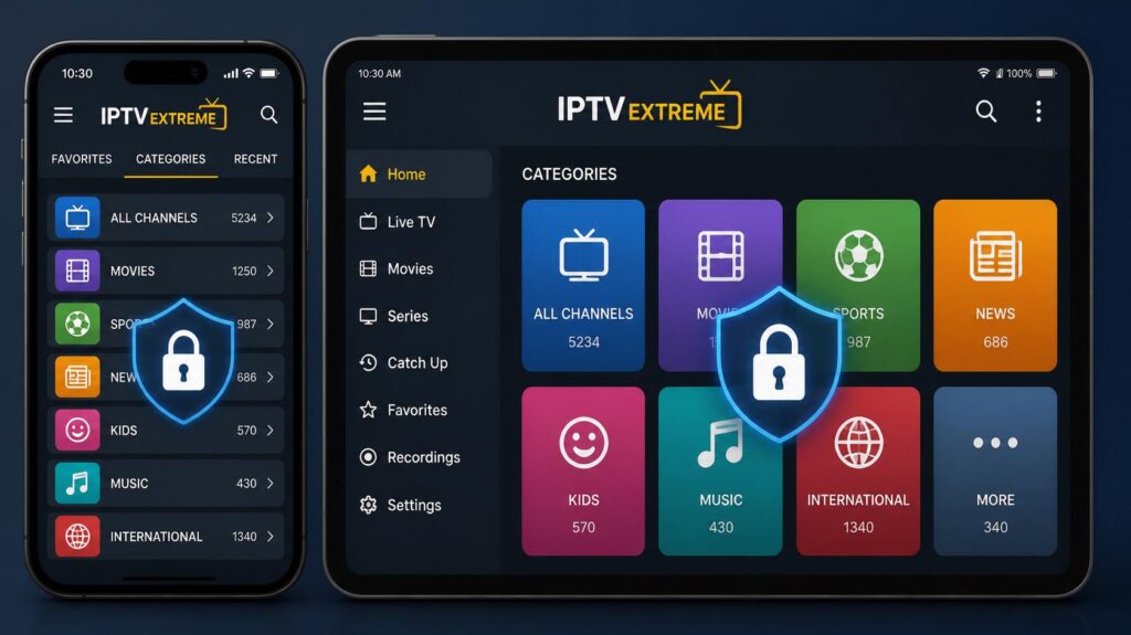 sécurité application iptv extreme sur smartphone et tablette avec icône de protection